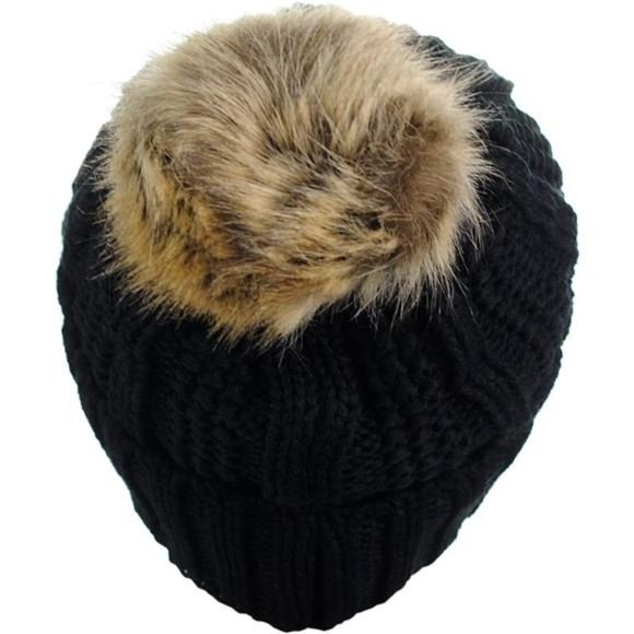 Thick Cable Knit Faux Fuzzy Fur Pom Fleece Lined Skull Cap Cuff Beanie - Picture 4 of 5